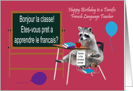 Birthday To French Language Teacher, raccoon sitting in school desk card