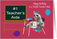 Birthday To Teacher’s Aide, raccoon sitting in a school desk, apple card