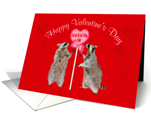 Valentine's Day with Raccoons Looking at a Big Heart Lollipop card