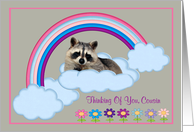 Thinking Of You Cousin, Raccoon on a rainbow with clouds and flowers card