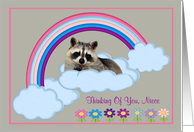 Thinking Of You Niece with a Raccoon Laying on Clouds with a Rainbow card