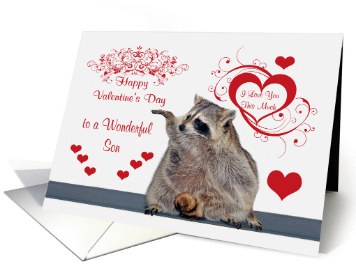 Valentine's Day To Son, Raccoon holding hand up, red... (900634)