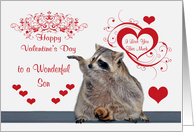 Valentine’s Day To Son, Raccoon holding hand up, red hearts on white card