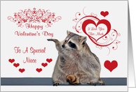 Valentine’s Day To Niece, Raccoon with hearts with hand raised, red card