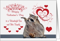 Valentine’s Day to Son and His Family with a Cute Raccoon and Hearts card
