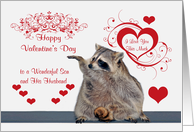 Valentine’s Day to Son and His Husband, Raccoon with hearts card