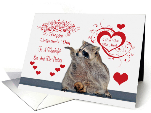 Valentine's Day To Son And His Partner, Raccoon with hearts card