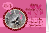 Valentine’s Day To Girlfriend, Raccoon in heart frame, on dark pink card