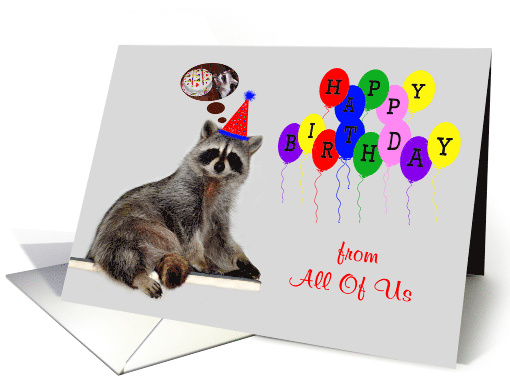 Birthday from All Of Us, an adorable raccoon wearing a party hat card