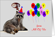 Birthday from All Of Us, an adorable raccoon wearing a party hat card