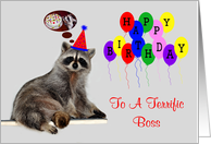 Birthday To Boss, Raccoon wearing a party hat card