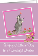 Mother’s Day to Mother, Raccoon with a butterfly on his nose, purple card