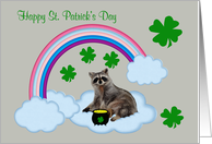 St. Patrick’s Day, general, Raccoon with a pot of gold on clouds card