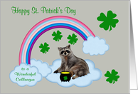 St. Patrick’s Day to Colleague, Raccoon with a pot of gold, rainbow card