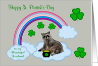 St. Patrick’s Day to Husband with a Cute Raccoon and a Big Pot of Gold card