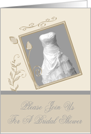 Inviatations, Bridal Shower, Wedding gown in a silver frame on gray card