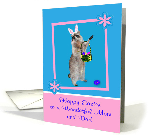 Easter to Mom and Dad, Raccoon with bunny ears, pink flower frame card