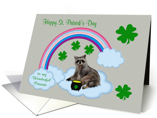 St. Patrick's Day to Parents, Raccoon with a pot of gold, rainbow card