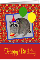 Birthday, general, Raccoon wearing a party hat, balloons and cupcake card