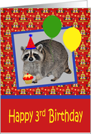 3rd Birthday, adorable raccoon wearing a party hat with a cupcake card