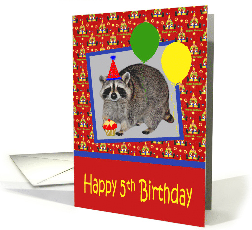 5th Birthday, adorable raccoon wearing a party hat with a cupcake card