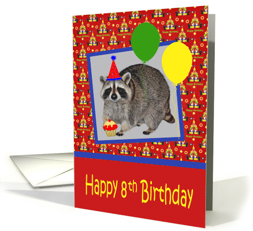 8th Birthday, adorable raccoon wearing a party hat with a cupcake card