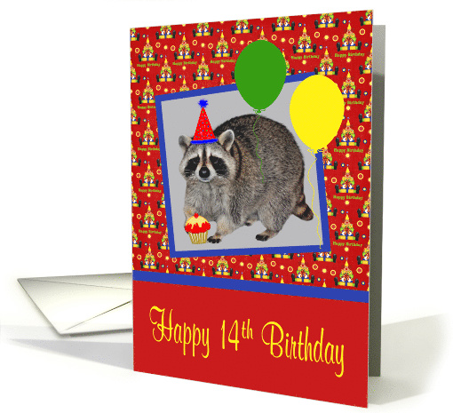 14th Birthday, adorable raccoon wearing a party hat with a... (908123)