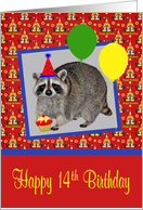 14th Birthday, adorable raccoon wearing a party hat with a cupcake card