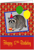 17th Birthday, adorable raccoon wearing a party hat with a cupcake card