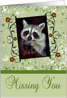 Missing You, general, Sad raccoon with reflection on green, flowers card