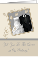 Invitations, Will You Be A Greeter, Tuxedo and wedding gown in frame card