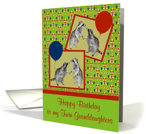 Birthday to Twin Granddaughters, Two cute raccoons with balloons card