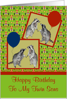 Birthday To Twin Sons, Raccoons with balloons card