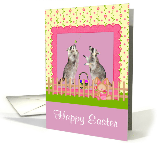 Easter with Raccoons and a Basket of Eggs in a Dark Pink Frame card