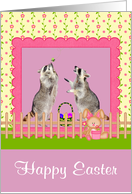 Easter with Raccoons and a Basket of Eggs in a Dark Pink Frame card