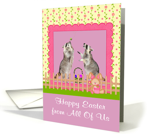Easter from All Of Us, Raccoons with basket of eggs in pink frame card