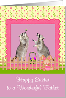 Easter to Father, Raccoons with basket of eggs in pink frame on purple card