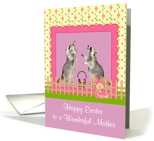 Easter to Mother, Raccoons with basket of eggs in pink... (911068)