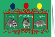 3rd Birthday to Triplets, Adorable raccoons in a frame with balloons card