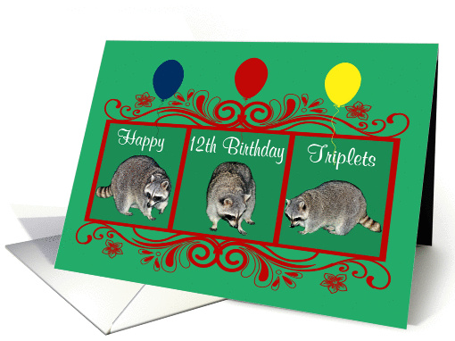 12th Birthday To Triplets, Raccoons with balloons card (912175)