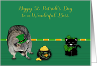 St. Patrick’s Day to Boss, Raccoon wearing a hat with a pot of gold card