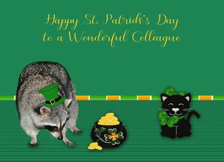 St. Patrick's Day to Colleague, Raccoon wearing hat with a pot of gold