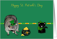 St. Patrick’s Day, general, Raccoon wearing hat with a pot of gold card