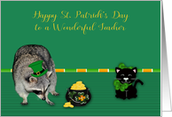 St. Patrick’s Day to Teacher, Raccoon wearing hat with a pot of gold card