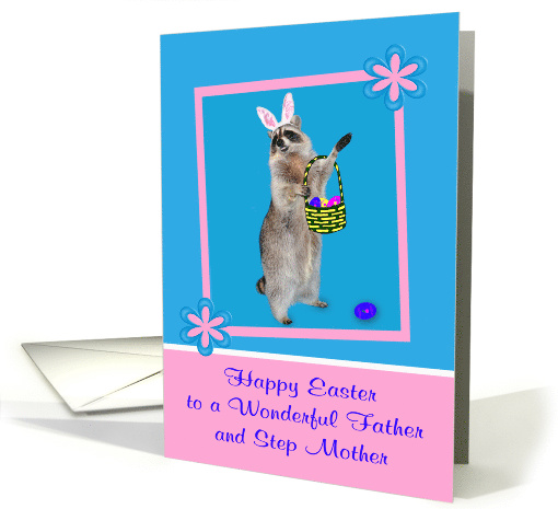 Easter to Father and Step Mother, Raccoon with bunny ears, pink card