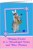 Easter to Sister and Her Partner, Raccoon with bunny ears, pink frame card