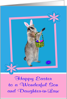 Easter to Son and Daughter-in-Law, Raccoon with bunny ears, pink card