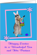 Easter to Son and His Partner, Raccoon with bunny ears, pink frame card