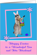 Easter to Son and His Husband, Raccoon with bunny ears, pink frame card