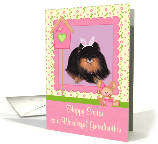 Easter to Grandmother, Pomeranian with bunny ears in a pink frame card